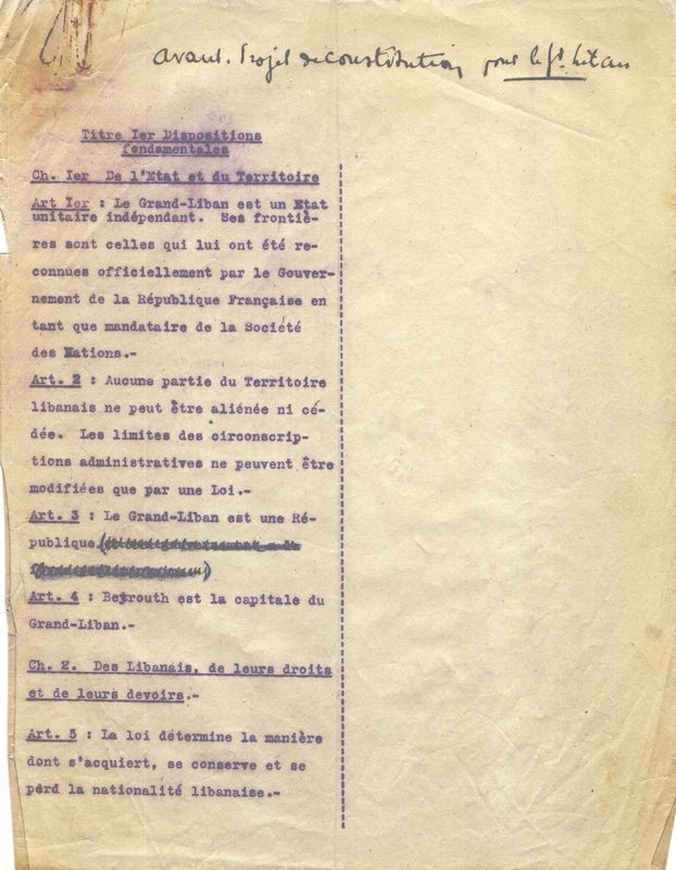 Avant-Projet de Constitution pour le Grand-Liban (typed version of DOC 1 with some annotations not in MC's handwriting). 85 arts., 27 pp.